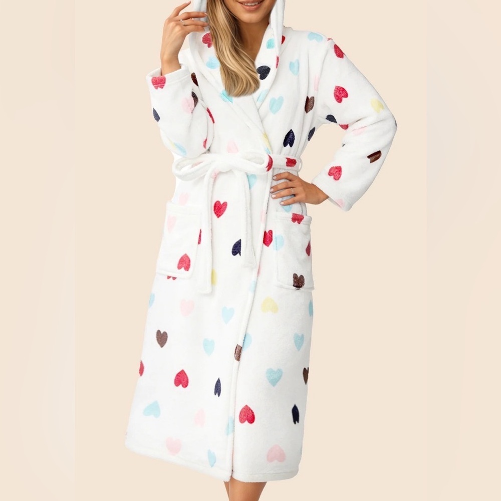 Plush Colorful Heart Print Hooded Robe - Picture 3 of 7